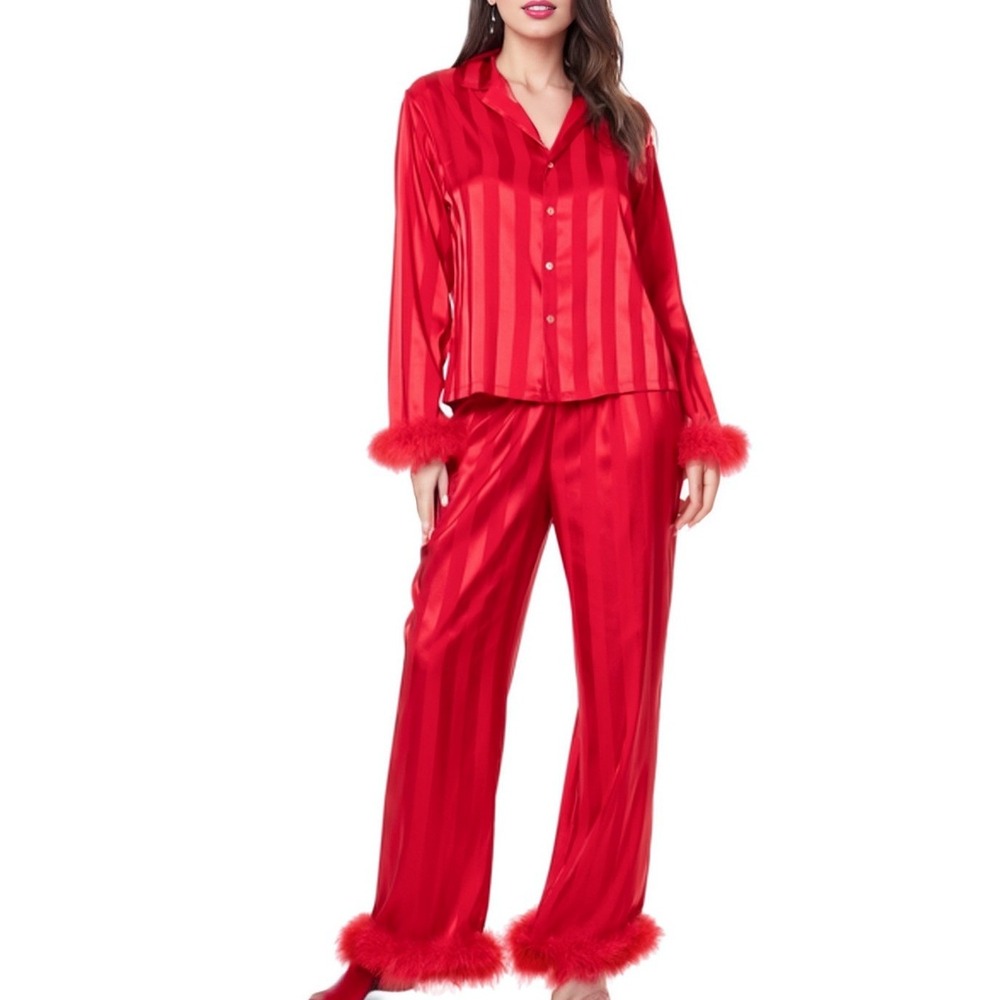 Linea Donatella Women 2Pc Pajamas Set Red Feather XL Sleepwear Coquette NWT